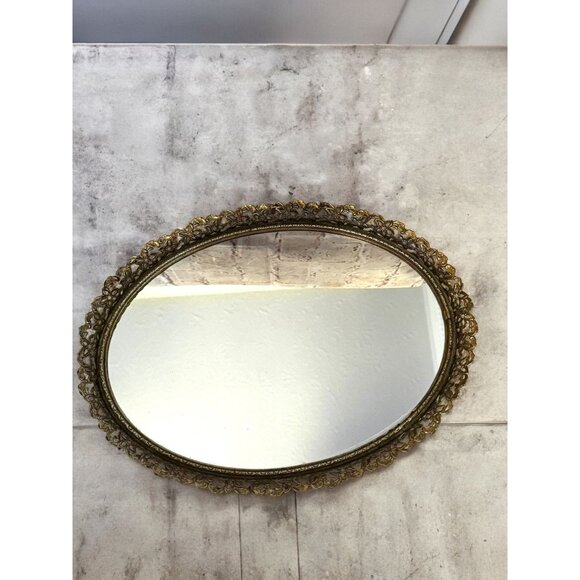 Vintage Ornate Brass & Glass Oval Vanity Tray or Wall Mirror - Picture 6 of 9